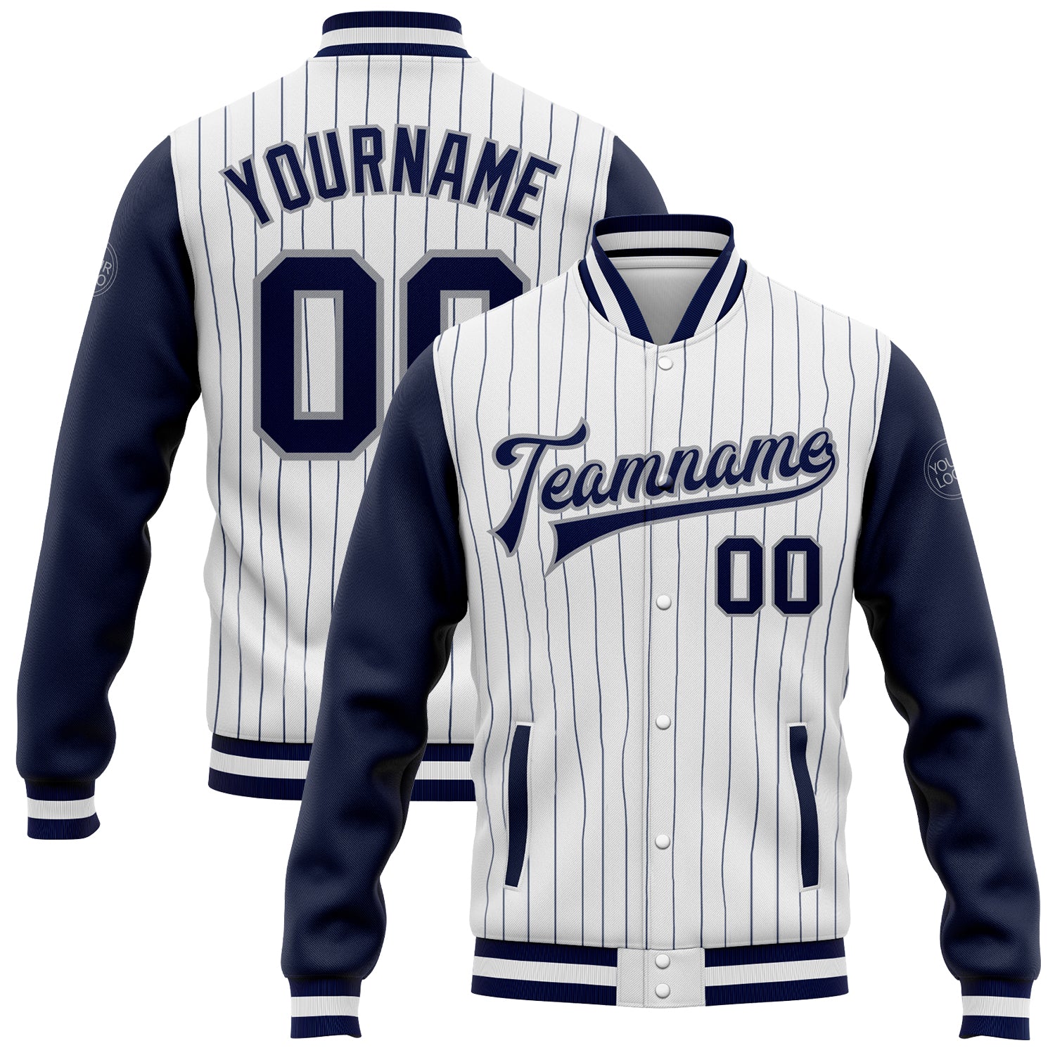 Customizable Navy Gray Two-Tone Pinstripe Varsity Letterman Full-Snap Bomber Jacket with Personalized Name & Number Personalized