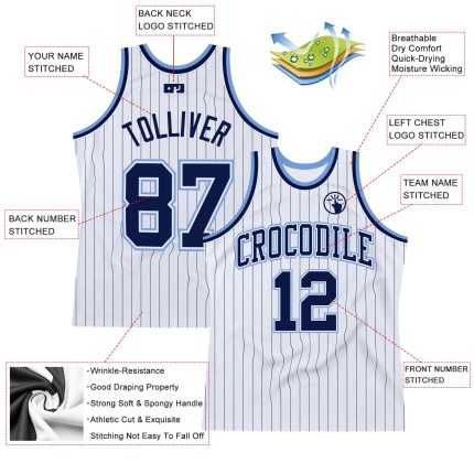 Custom Personalized Basketball Jersey - White Navy Pinstripe with Name & Number - Authentic Team Apparel Personalized White