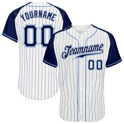 Custom Name and Number Personalized Baseball Jersey for Team, White Navy Pinstripe with Authentic Raglan Sleeves Personalized