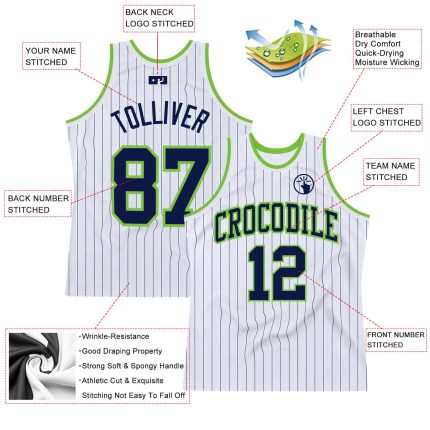 Custom Name Number Personalized Basketball Jersey - White Navy Pinstripe Neon Green Personalized White Navy Pinstripe Navy-Neon