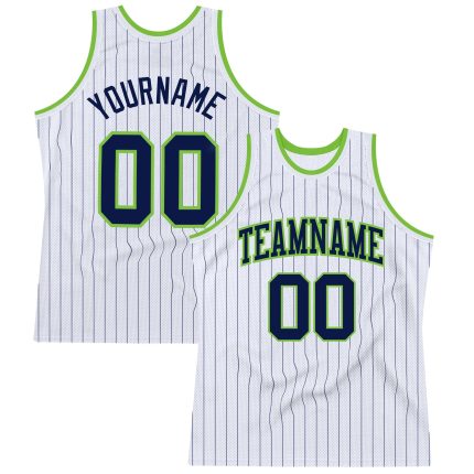 Custom Name Number Personalized Basketball Jersey - White Navy Pinstripe Neon Green Personalized White Navy Pinstripe Navy-Neon