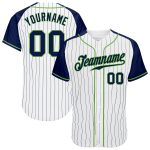 Personalized Team Baseball Jersey with Custom Name and Number, White Navy Pinstripe and Navy-Neon Green Raglan Sleeves Personalized
