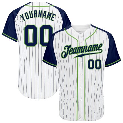 Personalized Team Baseball Jersey with Custom Name and Number, White Navy Pinstripe and Navy-Neon Green Raglan Sleeves Personalized