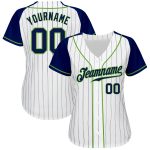 Personalized Team Baseball Jersey with Custom Name and Number, White Navy Pinstripe and Navy-Neon Green Raglan Sleeves Personalized