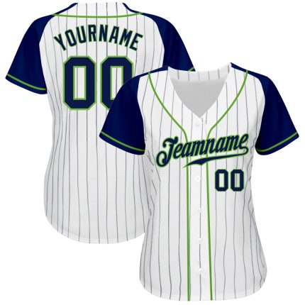 Personalized Team Baseball Jersey with Custom Name and Number, White Navy Pinstripe and Navy-Neon Green Raglan Sleeves Personalized