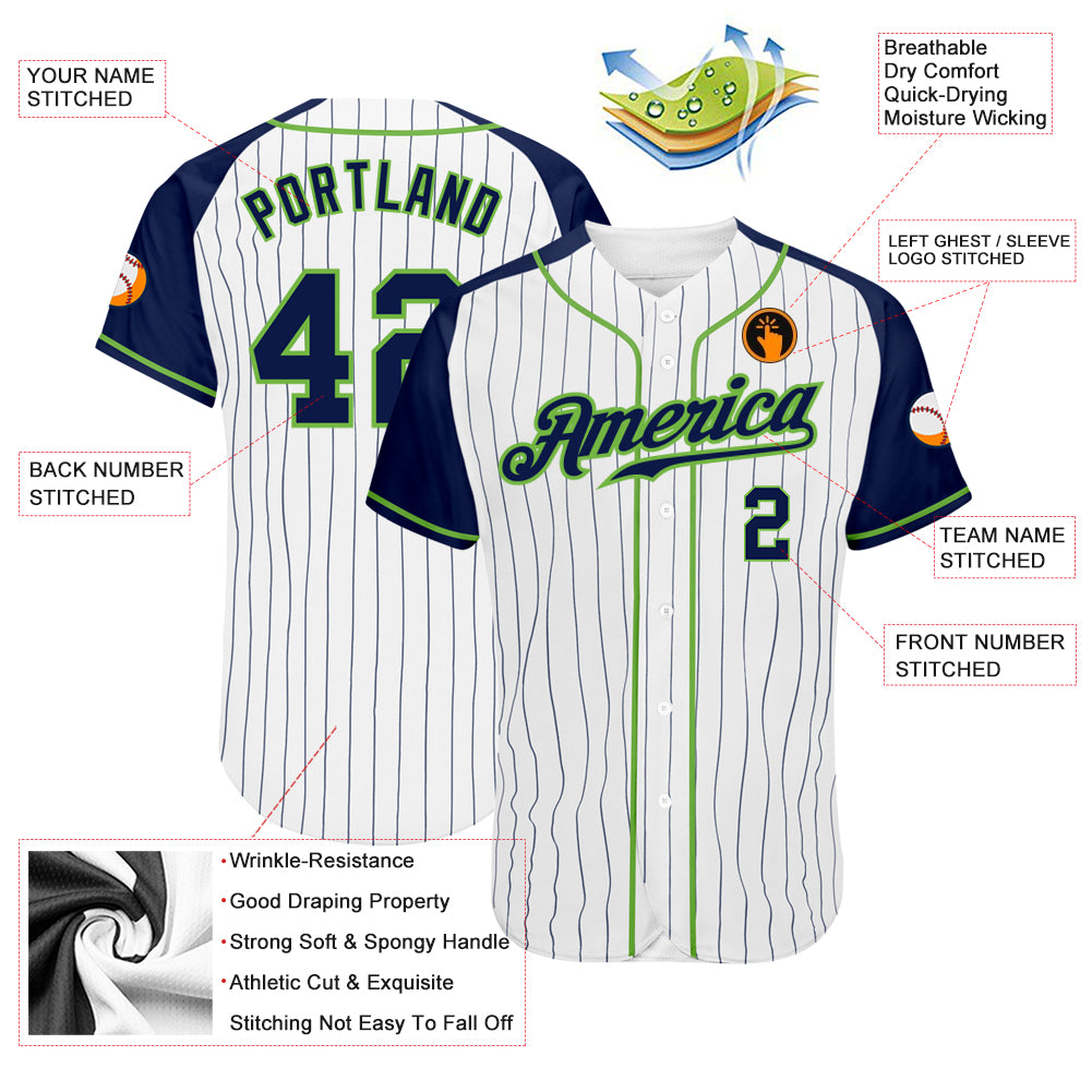 Personalized White Navy Pinstripe Navy-Neon Green Authentic Raglan Sleeves Baseball Jersey Team Custom Name and Number Personalized Team Baseball Jersey with Custom Name and Number, White Navy Pinstripe and Navy-Neon Green Raglan Sleeves Personalized - Image 3