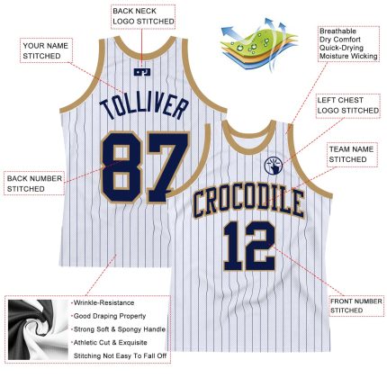 Custom Navy Old Gold Basketball Jersey with Personalized Name and Number - White Navy Pinstripe Design Personalized White