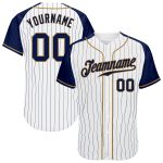 Custom Name Number Personalized Baseball Jersey White Navy Pinstripe Raglan Sleeves Authentic Team Old Gold Personalized