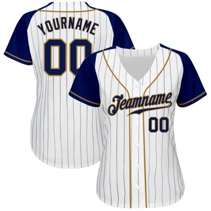 Custom Name Number Personalized Baseball Jersey White Navy Pinstripe Raglan Sleeves Authentic Team Old Gold Personalized