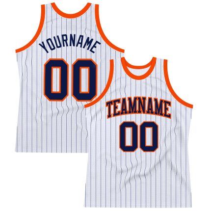 Custom Navy Orange Basketball Jersey with Personalized Name and Number - White Navy Pinstripe Authentic Design Personalized