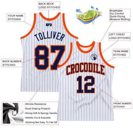 Custom Navy Orange Basketball Jersey with Personalized Name and Number - White Navy Pinstripe Authentic Design Personalized