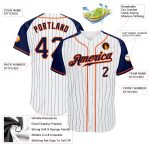 Custom Name Number Personalized Authentic Navy Orange Pinstripe Baseball Jersey with Raglan Sleeves Personalized White Navy