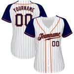Custom Name Number Personalized Authentic Navy Orange Pinstripe Baseball Jersey with Raglan Sleeves Personalized White Navy