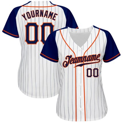 Custom Name Number Personalized Authentic Navy Orange Pinstripe Baseball Jersey with Raglan Sleeves Personalized White Navy