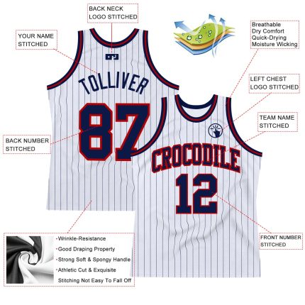Customizable Basketball Jersey - Authentic White Navy Pinstripe with Team Name & Number - Red Accents Personalized White