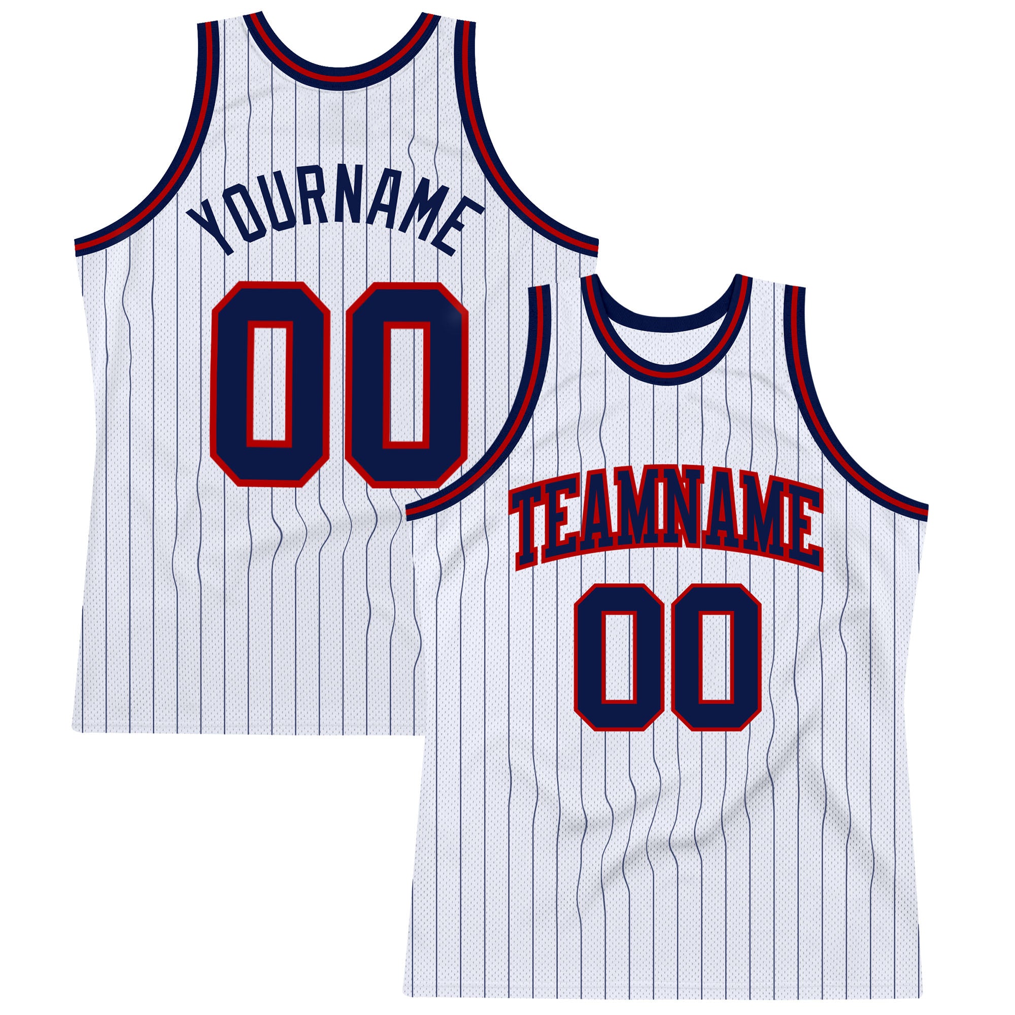 Customizable Basketball Jersey - Authentic White Navy Pinstripe with Team Name & Number - Red Accents Personalized White