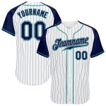 Custom Navy Teal Baseball Jersey with Personalized Name Number - Authentic White Navy Pinstripe Raglan Sleeves Personalized