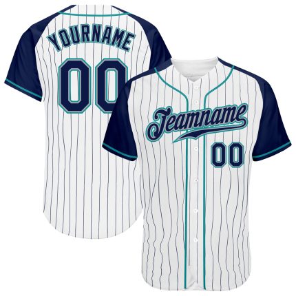 Custom Navy Teal Baseball Jersey with Personalized Name Number - Authentic White Navy Pinstripe Raglan Sleeves Personalized
