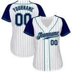 Custom Navy Teal Baseball Jersey with Personalized Name Number - Authentic White Navy Pinstripe Raglan Sleeves Personalized