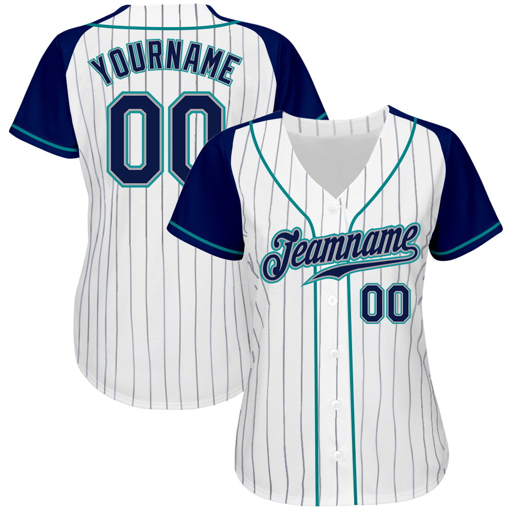 Personalized White Navy Pinstripe Navy-Teal Authentic Raglan Sleeves Baseball Jersey Team Custom Name and Number Custom Navy Teal Baseball Jersey with Personalized Name Number - Authentic White Navy Pinstripe Raglan Sleeves Personalized - Image 2