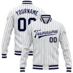 Custom Navy White Pinstripe Varsity Letterman Jacket with Personalized Name and Number - Full-Snap Bomber Style Personalized