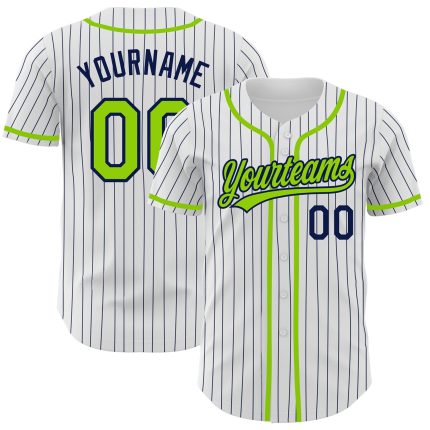 Custom Baseball Jersey with Personalized Name & Number - White Navy Pinstripe Neon Green Design Personalized White Navy Pinstripe