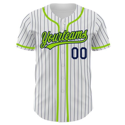 Custom Baseball Jersey with Personalized Name & Number - White Navy Pinstripe Neon Green Design Personalized White Navy Pinstripe