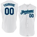 Customizable Baseball Jersey in White Navy Pinstripe with Neon Green - Authentic Sleeveless, Personalize Team Name & Number