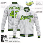 Custom Team Bomber Jacket with Name and Number, Personalized White Navy Pinstripe Neon Green Full-Snap Varsity Letterman Jacket