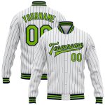 Custom Team Bomber Jacket with Name and Number, Personalized White Navy Pinstripe Neon Green Full-Snap Varsity Letterman Jacket