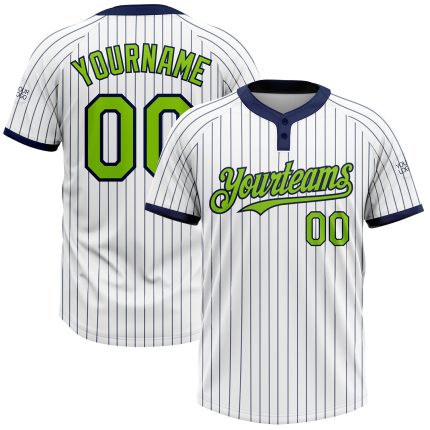 Custom Two-Button Softball Jersey with Name and Number - Personalized White Navy Pinstripe Unisex, Neon Green Design Personalized