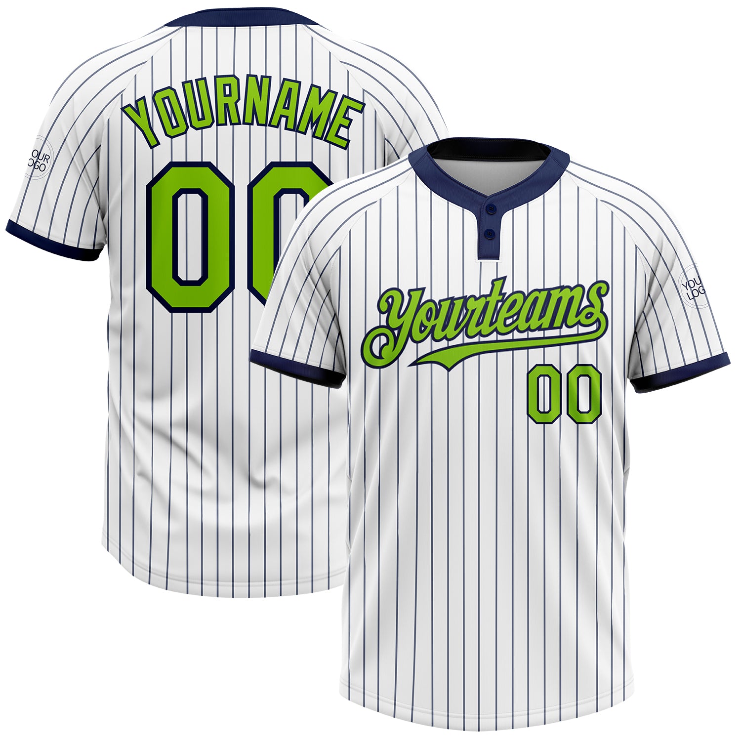 Custom Two-Button Softball Jersey with Name and Number - Personalized White Navy Pinstripe Unisex, Neon Green Design Personalized