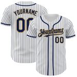 Personalized Authentic Baseball Jersey in White Navy Pinstripe with Old Gold Trim Personalized White Navy Pinstripe Old Gold