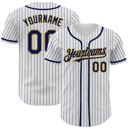 Personalized Authentic Baseball Jersey in White Navy Pinstripe with Old Gold Trim Personalized White Navy Pinstripe Old Gold