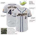 Personalized Authentic Baseball Jersey in White Navy Pinstripe with Old Gold Trim Personalized White Navy Pinstripe Old Gold