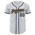 Personalized Authentic Baseball Jersey in White Navy Pinstripe with Old Gold Trim Personalized White Navy Pinstripe Old Gold
