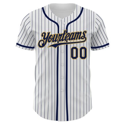 Personalized Authentic Baseball Jersey in White Navy Pinstripe with Old Gold Trim Personalized White Navy Pinstripe Old Gold