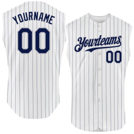 Custom Personalized Baseball Jersey - White Navy Pinstripe Old Gold Sleeveless with Name & Number Personalized White Navy