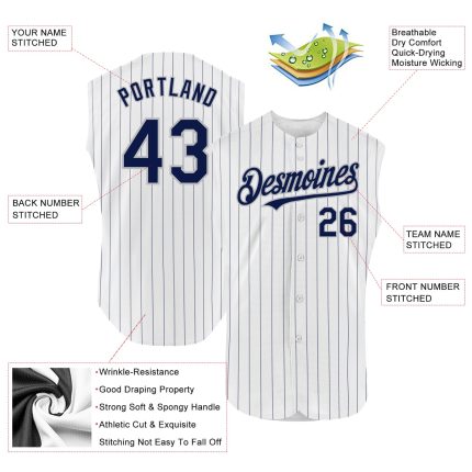 Custom Personalized Baseball Jersey - White Navy Pinstripe Old Gold Sleeveless with Name & Number Personalized White Navy