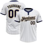 Custom Name and Number Softball Jersey for Team, Unisex, Two-Button, White Navy Pinstripe, Old Gold Design Personalized White