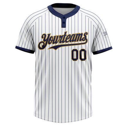 Custom Name and Number Softball Jersey for Team, Unisex, Two-Button, White Navy Pinstripe, Old Gold Design Personalized White