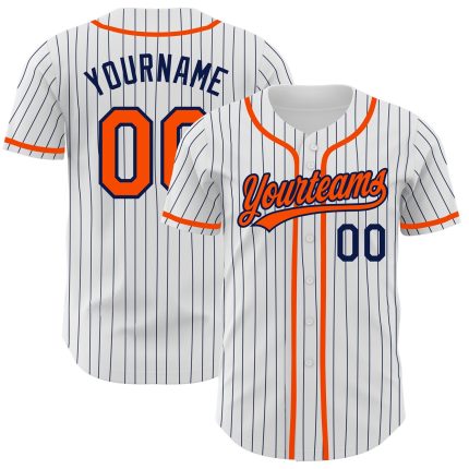 Custom Authentic Baseball Jersey with Personalized Name and Number - White Navy Pinstripe Orange Personalized White Navy