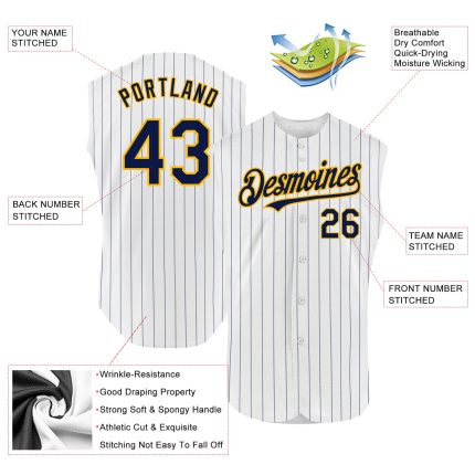 Custom Personalized Baseball Jersey - White Navy Pinstripe Orange - Sleeveless with Name & Number Personalized White Navy