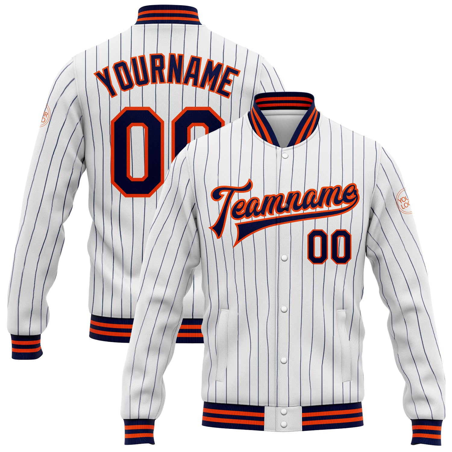 Custom Navy White Pinstripe Bomber Varsity Jacket with Personalized Name and Number, Full-Snap Letterman Style Personalized