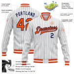 Custom Name and Number Navy Pinstripe Orange Varsity Bomber Jacket - Personalized Full-Snap Letterman Jacket Personalized