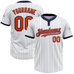 Personalized Unisex Softball Jersey - White Navy Pinstripe Orange Two-Button Design Personalized White Navy Pinstripe Orange