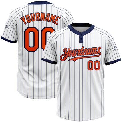 Personalized Unisex Softball Jersey - White Navy Pinstripe Orange Two-Button Design Personalized White Navy Pinstripe Orange