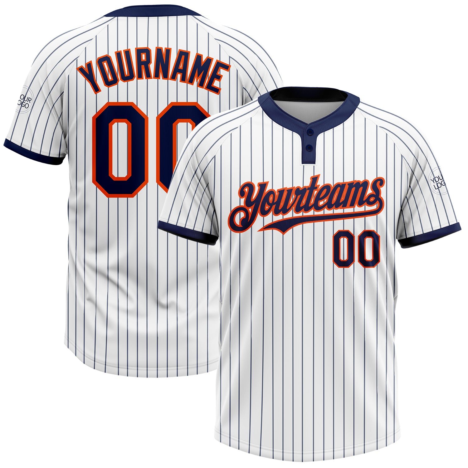 Custom Unisex Softball Jersey with Personalized Name & Number - White Navy Pinstripe Orange Two-Button Design Personalized