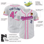 Personalized Custom Name and Number Pink White Navy Pinstripe Baseball Jersey Personalized White Navy Pinstripe Pink Authentic