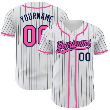 Personalized Custom Name and Number Pink White Navy Pinstripe Baseball Jersey Personalized White Navy Pinstripe Pink Authentic